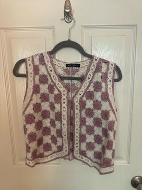 Nasty Gal Lilac & Cream Crochet Checkerboard Vest